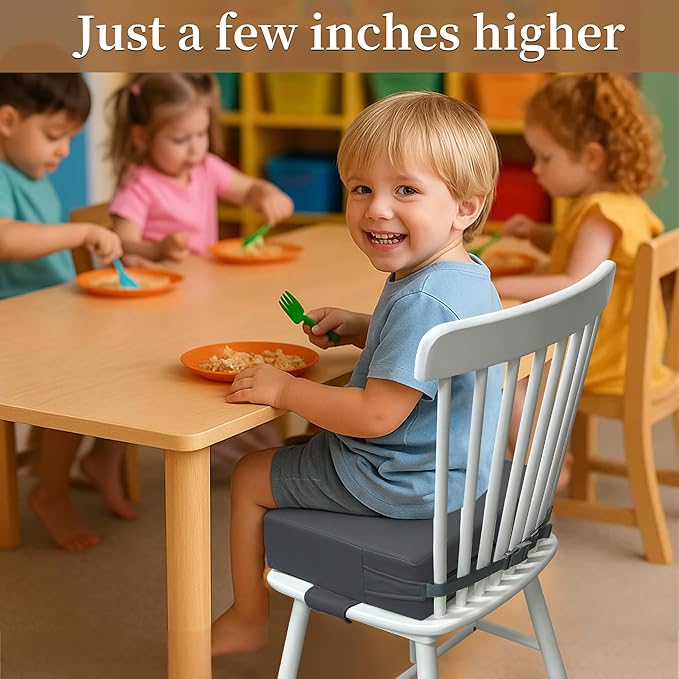 Toddler Booster Seat for Dining Table – PU Washable Cushion with Double Safe Straps, Non-Slip Bottom, Portable Travel Booster Seat for Toddlers (Rock Grey