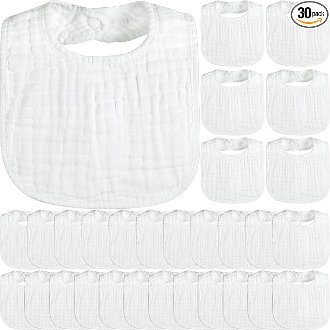 Reginary 30 Pack White Muslin Baby Bibs Bulk Adjustable 6 Layers Baby Bandana Drool Bibs for Boys Girls Newborn Cotton Soft Absorbent Muslin Burp cloth for Drooling and Teething