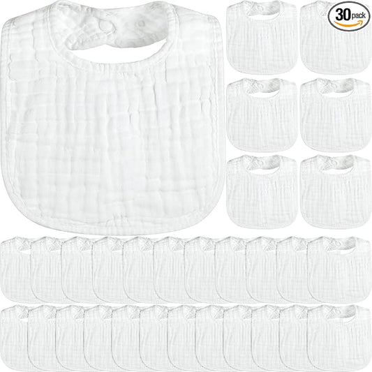 Reginary 30 Pack White Muslin Baby Bibs Bulk Adjustable 6 Layers Baby Bandana Drool Bibs for Boys Girls Newborn Cotton Soft Absorbent Muslin Burp cloth for Drooling and Teething
