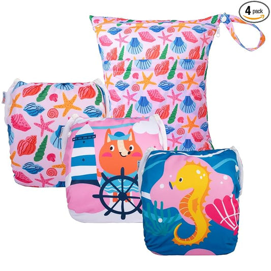 ALVABABY 3pcs Baby Swim Diapers with 1pcs Wet Bag Reuseable Washable & Adjustable for Swimming Lesson & Baby Boy and Girl 3YKL07