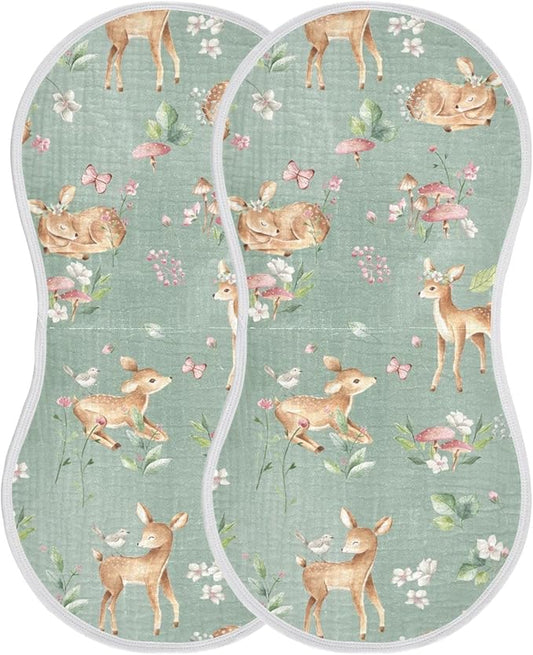 Deer Bird Mushroom Butterfly Flower Muslin Burp Cloths for Baby 2 Pack 100% Cotton Baby Washcloths Bibs for Boy Girl