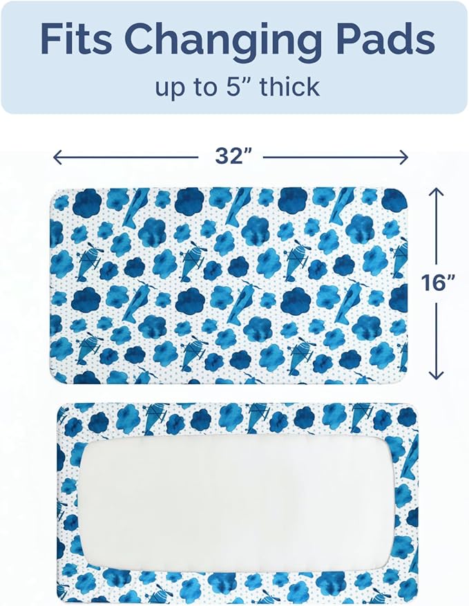 Changing Pad Cover - Pack of 2 Soft Unisex Diaper Change Microfiber Table Sheets - Fits 32"x16" Contoured Pad - Changing Pad Cover for Baby Boys & Girls - Snug, Machine Washable - Oeko-Tex, Plane Sky