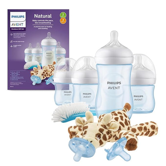 Philips Avent Natural Response Baby Gift Set - 3X 4oz Blue Bottles with Slow Flow Nipples (Flow 2), 1x 9oz Blue Bottle with Medium Flow Nipple (Flow 3), 2X Soothie Pacifiers 0-3m, SCD838/04