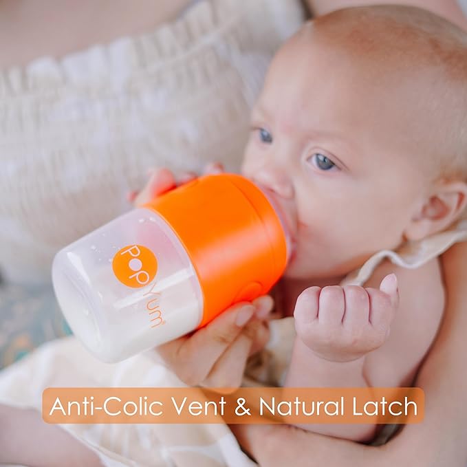 PopYum 5 oz Orange Anti-Colic Formula Making/Mixing/Dispenser Baby Bottles, 3-Pack with #1 Slow Flow Nipples, 150 ml, BPA-Free, Natural Latch