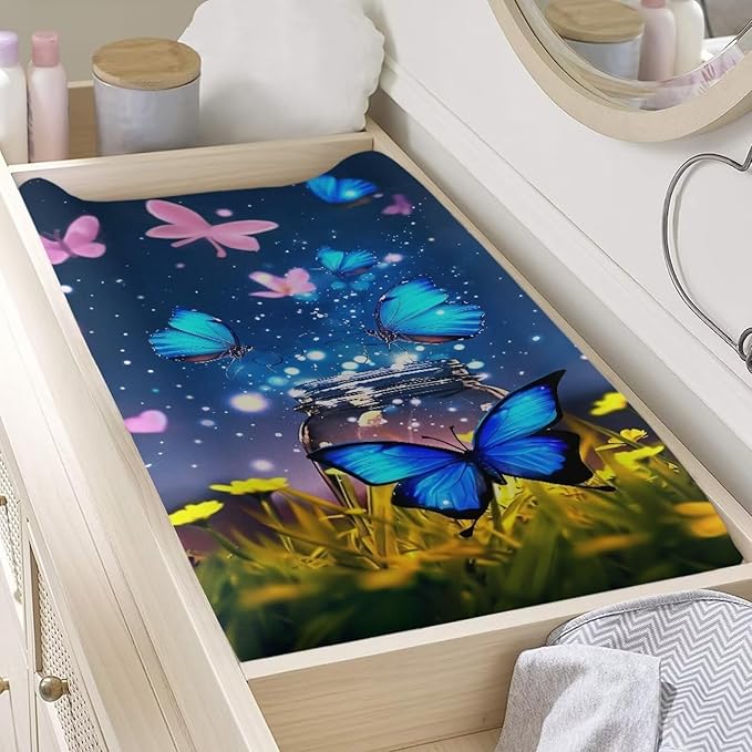 Heart Blue Butterfly Changing Pad Covers Waterproof Diaper Change Table Covers, Stretchy Change Sheet Fit for Most Change Pad Easy to Clean