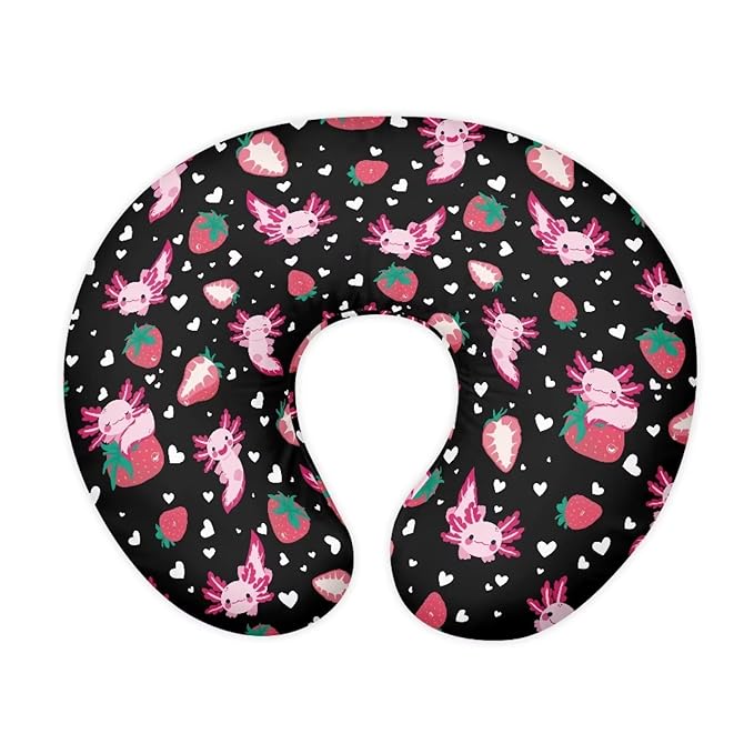 Baby Nursing Pillow Cover Positioner, Super Soft and Safe for Newborn Washable and Stretchy Pillow Cover with Hidden Zipper, Cute Axolotl Strawberry Pattern Gift