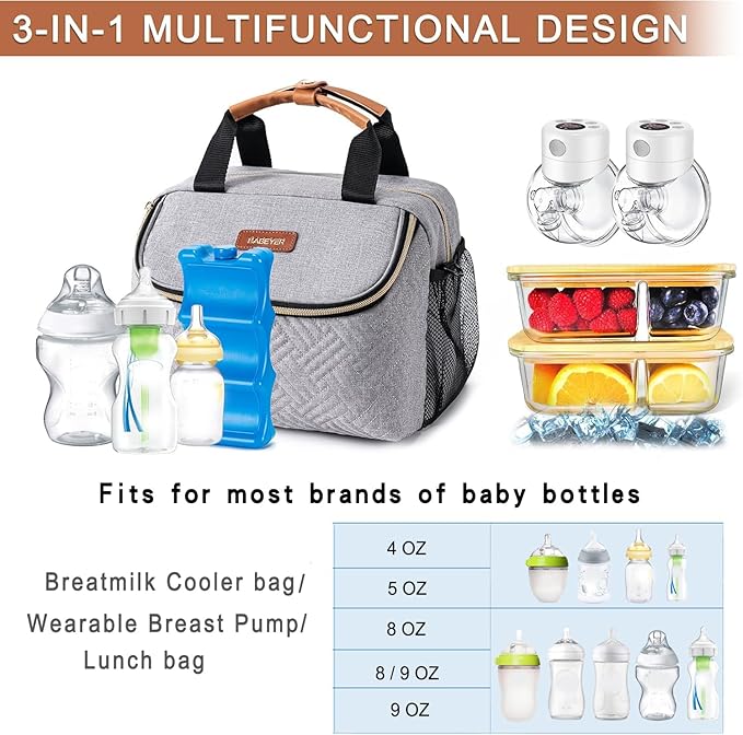 Breastmilk Cooler Bag with Ice Pack Fits 6 Baby Bottles up to 9 Ounce, Wearable Breast Pumps Cooler Bag for Nursing Mom Daycare, Work, Travel- Grey