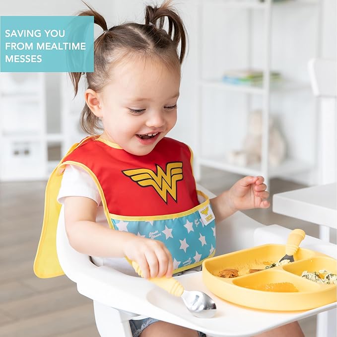 Bumkins Bib for Girl or Boy, Baby and Toddler for 6-24 Months, Essential Must Have for Eating, Feeding, Baby Led Weaning, Mess Saving Waterproof Soft Fabric, SuperBib with Cape, Wonder Woman DC Comics