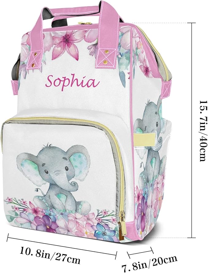 Elephant Flowers Diaper Bag Backpack Multifunction Bags with Changing Pad Unisex Stylish Travel Back Pack Nappy Custom Bag for Moms Dads 10.8"x7.8"x15.7"