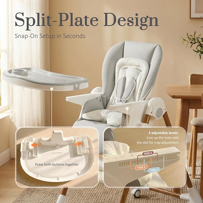 Mallify Foldable High Chairs for Babies and Toddlers, 3-in-1 Convertible Baby High Chair with Removable Soft Cushion and Tray, Adjustable Height & Recline, Lockable Wheels, Ligh Gray