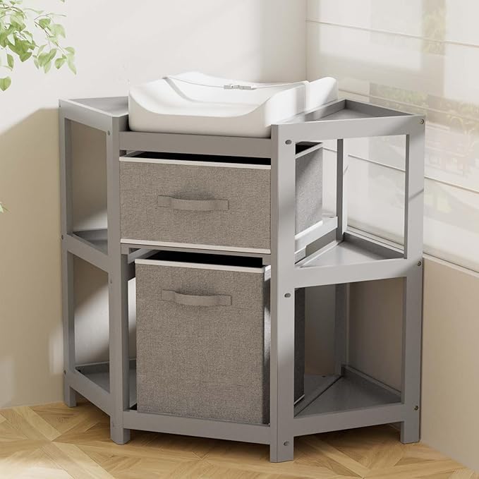 KORIMEFA Changing Table with Drawers, Corner Baby Diaper Changing Station for Nursery with Laundry Hamper, Storage Bin, and Contoured Pad for Baby - Grey