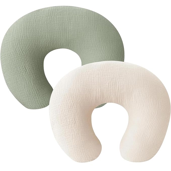 2 Pack Newborn Muslin Nursing Pillow Covers Soft Nursing Cover for Breastfeeding Pillow Slipcover for Baby Girls Boys (Mist Green+Cream)