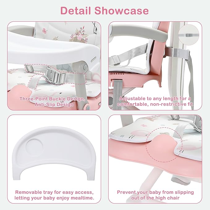 UBRAVOO 2in1 Portable Toddler Booster Seat, Grow with Baby Booster Seat for Dining Table with Removable Tray & Seat Pad, high chair for travel, ACE1013 Pink Flamingos