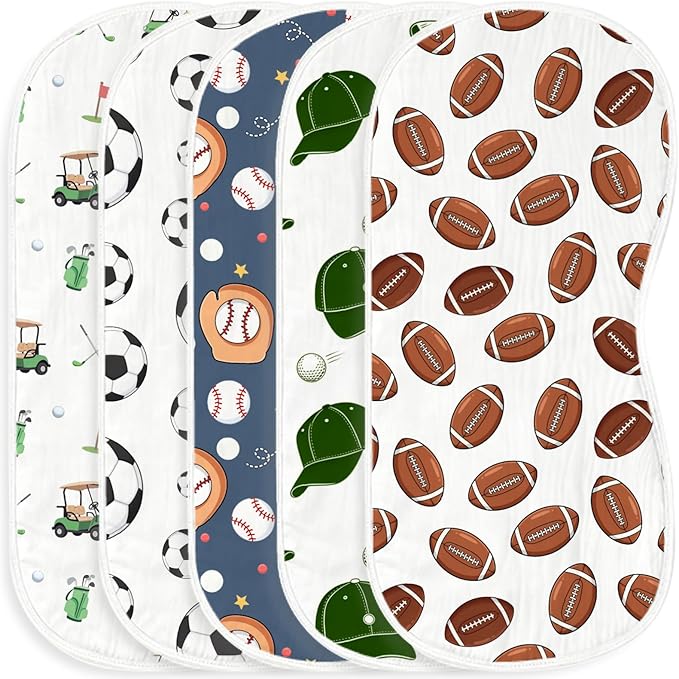 5pcs Sports Ball Burp Cloths for Baby Boys Girls 100% Cotton Football Baseball Soccer Golf Cart Themed Burp Rags, Muslin Burping Cloths Absorbent Spit-Up Cloths for Infant Newborns