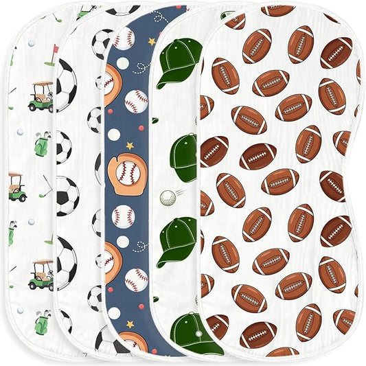 5pcs Sports Ball Burp Cloths for Baby Boys Girls 100% Cotton Football Baseball Soccer Golf Cart Themed Burp Rags, Muslin Burping Cloths Absorbent Spit-Up Cloths for Infant Newborns