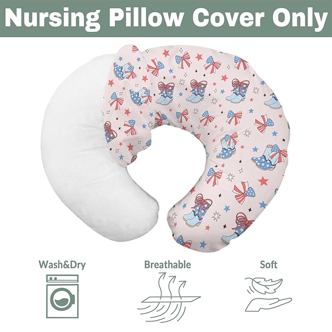 Pink July 4th Cowgirl Baby Nursing Pillow Covers for Girl Western Cowboy Boots American Flag Bows Stars Nursery Slipcovers for Breastfeeding Pillows Patriotic Soft Stretchy Cover for Newborn Infant