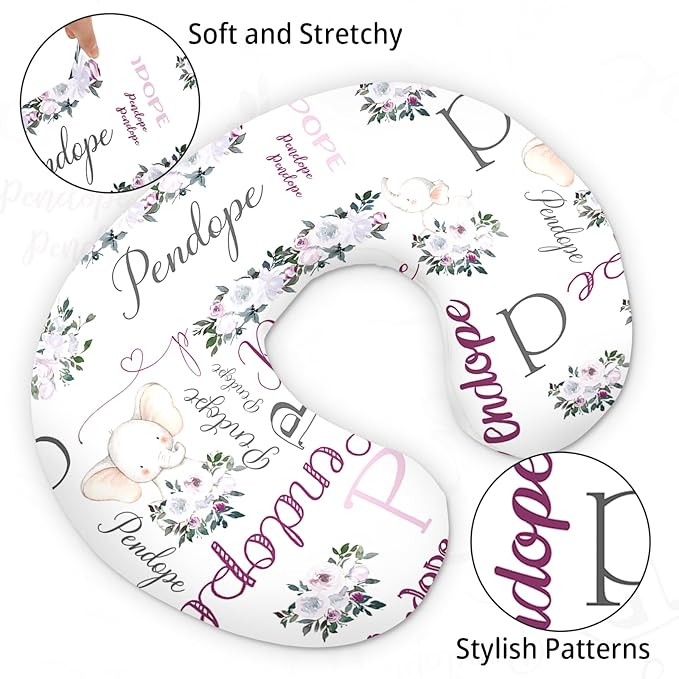 Baby Nursing Pillow Cover - Personalized Name Breastfeeding Pillow Cover with Elephant Pattern, Stretchy Removable U-Shaped for New Moms, Soft Breathable Slipcover for Infant Boys Girls