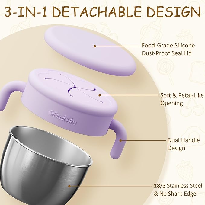 Fimibuke Snack Containers for Toddlers Kids, 12 OZ Spill Proof Stainless Steel Baby Snack Cups with Removable Silicone Food Catcher, Handles & Travel Lid BPA-Free Dishwasher Safe Food Container 2 Pack