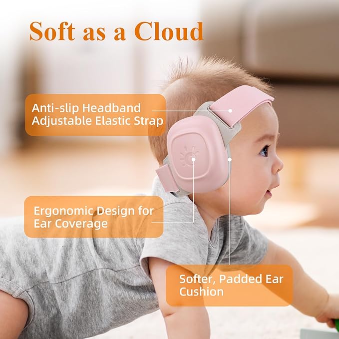 BEBOAN Baby Ear Protection for Infants & Toddlers(0–48 Months), 25dB Noise Cancelling Headphones for Airplane Travel - Improve Sleep - Party, CE & ANSI Certified, Soft Adjustable & Comfortable, Pink