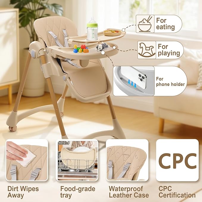High Chairs for Babies and Toddlers, Foldable Baby High Chair with Wheels for Eating, 6 in 1 High Chair with Removable Tray, Adjustable Backrest and Height, Include 2 Bibs, Tool-Free Assembly