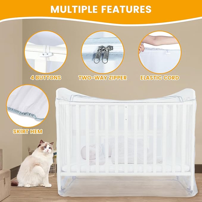 Orzbow Crib Tent Canopy - Crib Cover to Keep Baby from Climbing Out, Protects from Climbing Out and, Insects, Mosquitoes, Encrypted Baby Mosquito Net with Two-Way Self-Locking Zippers, White