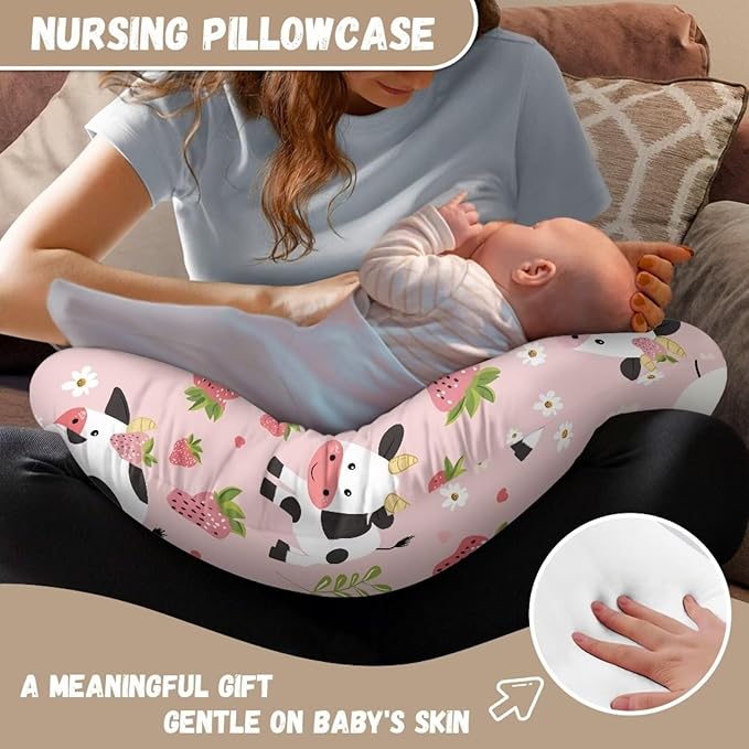 Strawberry Cow Nursing Pillow Covers for Breastfeeding Pillow U-Shaped Nursing Slipcover Breastfeeding Pillow Case Soft and Skin-Friendly