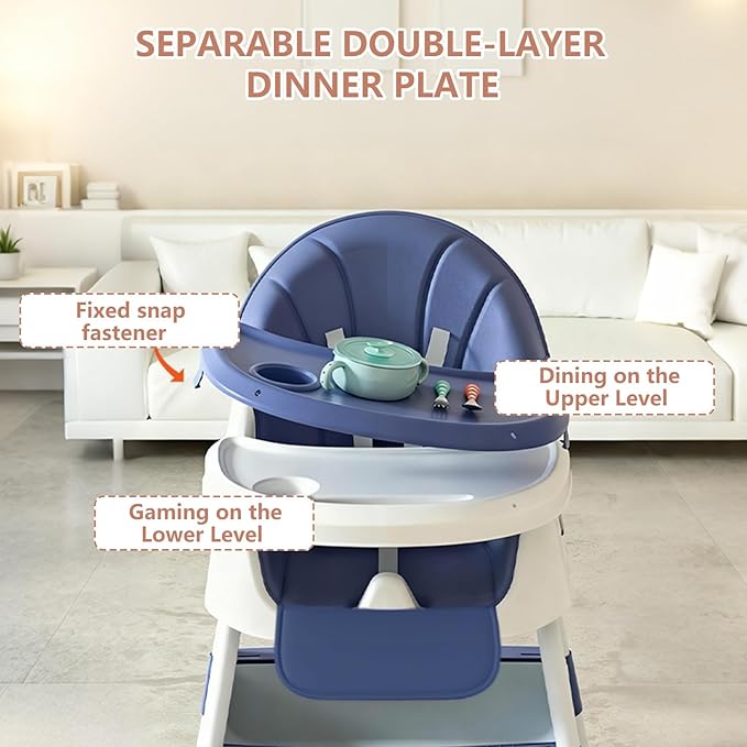 Foldable 4-in-1 Baby High Chair for Babies & Toddlers, High Chair with Detachable PU Cushion, Removable Tray, Adjustable Height, Locking Wheels,Blue
