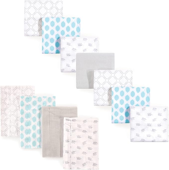 Luvable Friends Unisex Baby Cotton Flannel Burp Cloths and Receiving Blankets, 11-Piece, Elephant, One Size