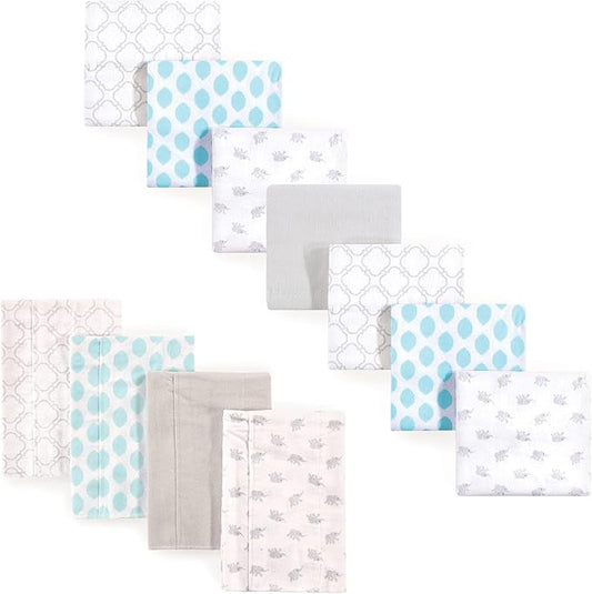 Luvable Friends Unisex Baby Cotton Flannel Burp Cloths and Receiving Blankets, 11-Piece, Elephant, One Size