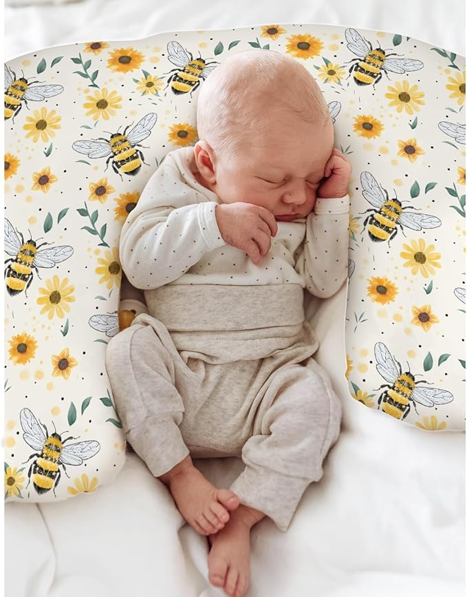 Boho Bees Sunflowers Baby Nursing Pillow Covers for Boy Girl Watercolor Bee Yellow Floral Nursing Pillowcase for Breastfeeding Pillows Spring Summer Soft Stretchy Slipcovers for Newborn Infant