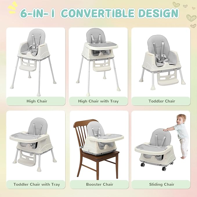 Ktaxon 6-in-1 Baby High Chair, Portable Convertible Highchair with Removable Dual-Layer Tray, 5-Point Safety Harness and Locking Wheels for Toddlers & Babies, Grey