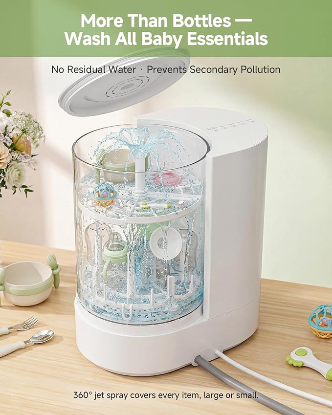 SIJING Bottle Washer & Sterilizer Dryer, Glass Baby Bottle Washer, No Plastic Contact, Automatic Bottle Cleaner with 360° Spray, High-Temp Steam for Pump Parts