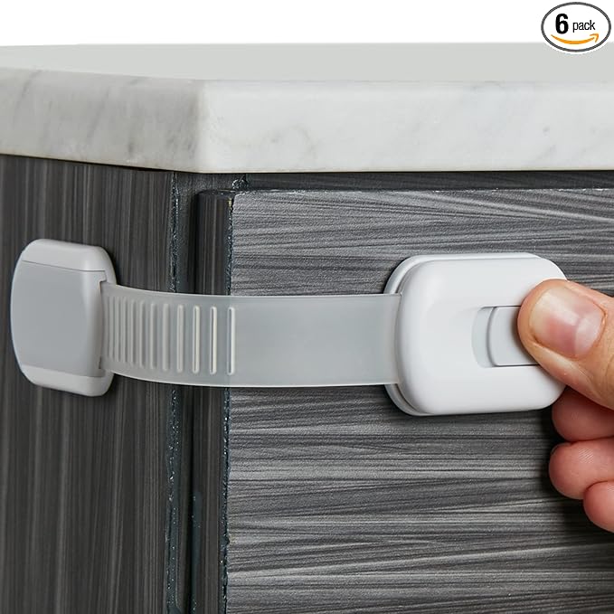 Child Safety Strap Locks (6-Pack) Baby Locks for Cabinets and Drawers, Toilet, Fridge & More. 3M Adhesive Pads. Easy Installation (White/Gray)
