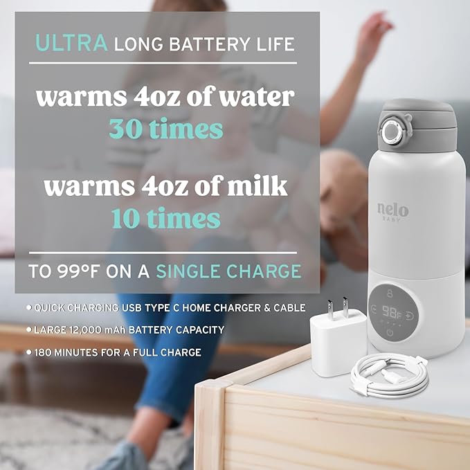 NELO Portable Milk Warmer with Large 16oz Capacity, Super Fast Charging, Fast Heating, Cordless, Formula, Breastmilk, & Water Warmer, Real-Time Temp Display, Perfect For Travel and Busy Moms, BPA Free