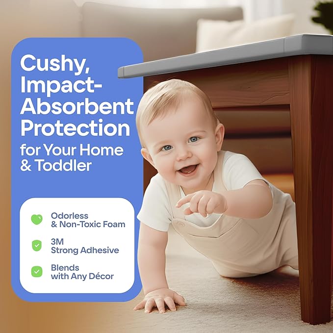 Sharp Edge & 16.2ft Furniture Safety Guards | Protective Foam Cushion | 15ft Bumper 4 Adhesive Childsafe Corners | Baby Proofing Foam Set and Safe for Table, Fireplace, Countertop | Gray