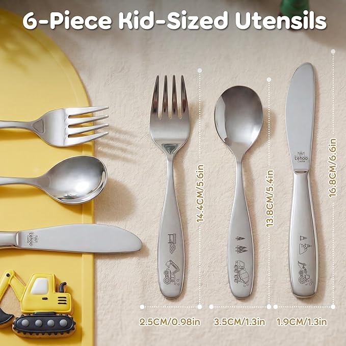 Lehoo Castle Kids Silverware 6-Piece | Toddler Utensils for 3 Year Old, Toddler Forks and Spoons Knife Set, Children Safe Flatware for Self Feeding (Construction Vehicles)
