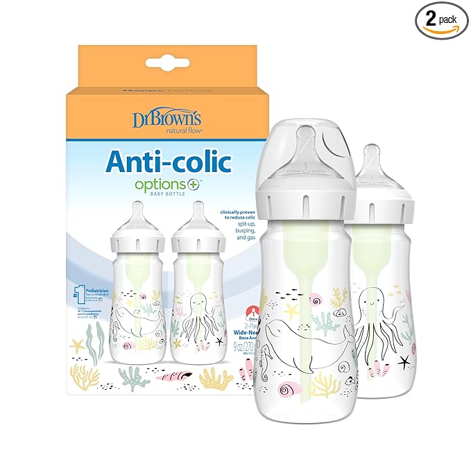 Dr. Brown's Anti-Colic Options+ Wide-Neck Baby Bottle Designer Edition Bottles, Ocean Decos, 9 oz/270 mL, Level 1 Nipple, 0m+, 2-Pack