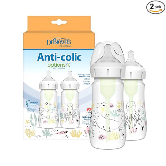 Dr. Brown's Anti-Colic Options+ Wide-Neck Baby Bottle Designer Edition Bottles, Ocean Decos, 9 oz/270 mL, Level 1 Nipple, 0m+, 2-Pack