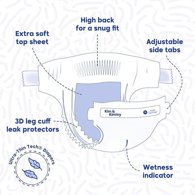 Kim & Kimmy Eco Diapers, New Born, Up to 11 lbs, 32 Diapers - 12 Hour Leak Protection, No Rashes, Hypoallergenic - Cruelty Free & Vegan - Funny Icons
