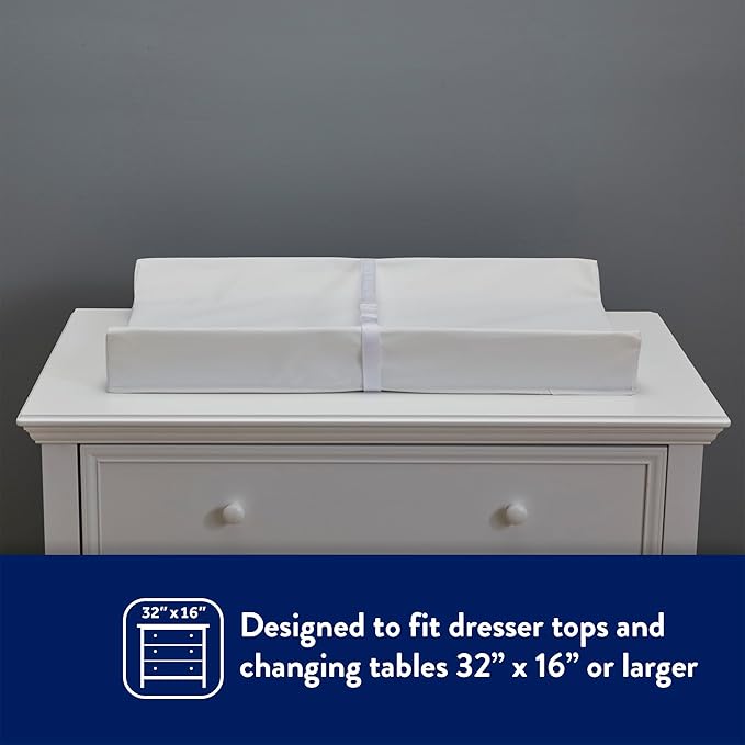 Kolcraft Waterproof Contoured Wipeable Baby Diaper Changing Pad for Dresser or Table, Durable Easy Clean Surface, Soybean Enhanced Foam, Safety Restraint Belt & Straps, Made in USA, White, 16' x 32'