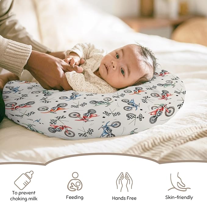 Vintage Motor Dirt Bike Nursing Pillow Cover Ultra-Soft Comfortable for Baby Girls Boys Cute Race Bikes Plaid Checker Flag Stars Breastfeeding Pillow Slipcovers for Standard Nursing Pillows