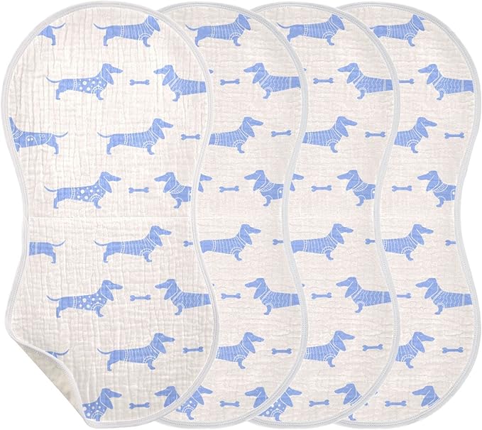 Cute Dachshund Dog and Bone Pattern Muslin Burp Cloths for Baby 4 Pack 100% Cotton Baby Washcloths Bibs for Boy Girl