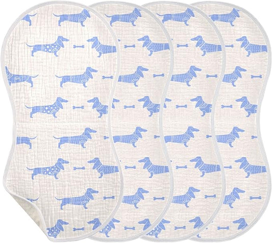 Cute Dachshund Dog and Bone Pattern Muslin Burp Cloths for Baby 4 Pack 100% Cotton Baby Washcloths Bibs for Boy Girl
