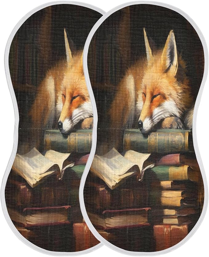 2 Pack Muslin Burp Cloths Fox Book Cartoon Print Cotton Baby Burp Cloths Absorbent Soft Burping Cloth Washcloths for Newborn Babies 22x11 Inch