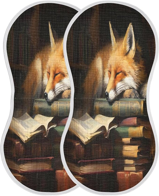 2 Pack Muslin Burp Cloths Fox Book Cartoon Print Cotton Baby Burp Cloths Absorbent Soft Burping Cloth Washcloths for Newborn Babies 22x11 Inch