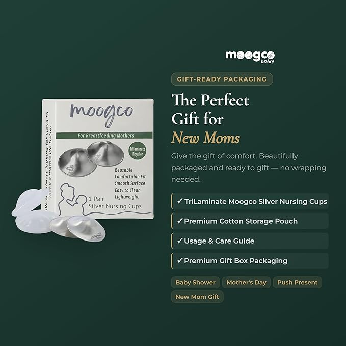 MOOGCO The Original Silver Nursing Cups - Nipple Shields for Breastfeeding Newborn - Breastfeeding Essentials - 999k Tri-Laminate Silver Nipple Covers (Regular Size, Set of 2)