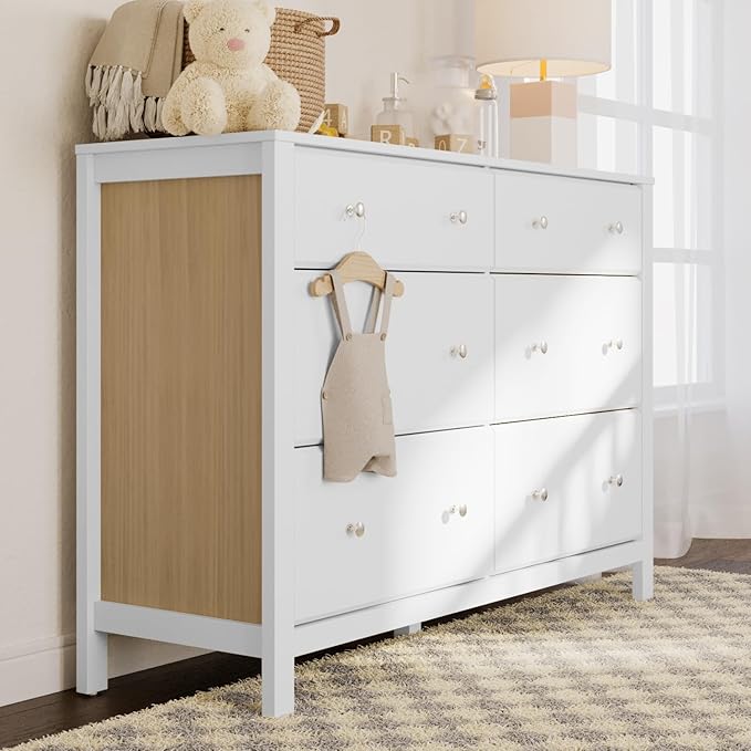 Storkcraft Horizon 6 Drawer Dresser (White with Driftwood) – GREENGUARD Gold Certified Dresser for Nursery & Kids’ Room, Modern Storage with Interlocking Drawer System