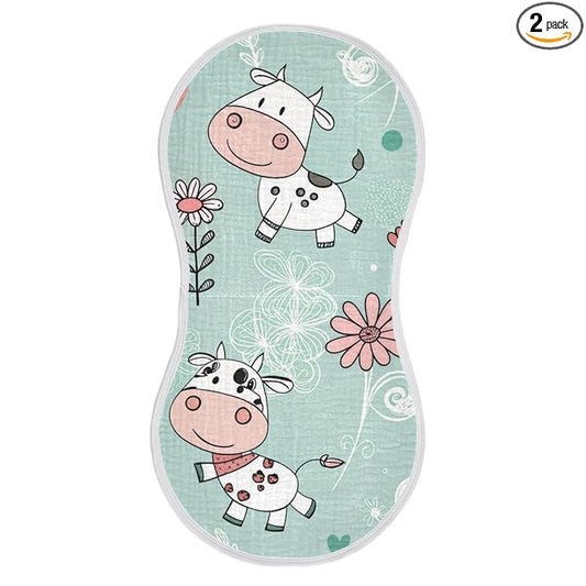 Kigai Cow Muslin Baby Burp Cloths, Large Absorbent Cotton Muslin Burp Cloths Set of 2, Washcloths, Face Towel, Bibs for Newborn Boys Girls, 11 x22 Inch