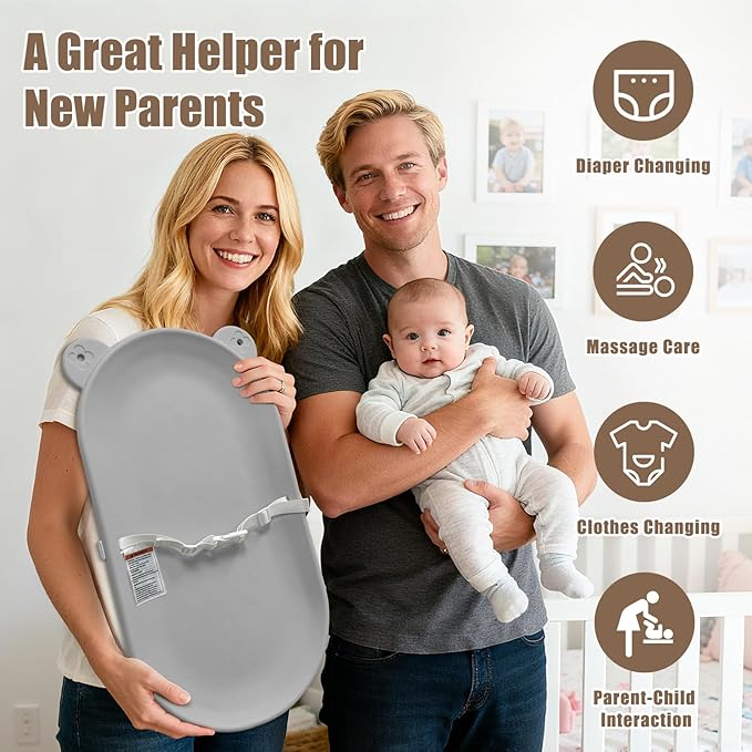 Waterproof Baby Changing Pad, Lightweight and Portable Changing Table with Strap for Changing Diaper, Dresser, Changing Table, Bed, Wipeable Changing Pad, Grey
