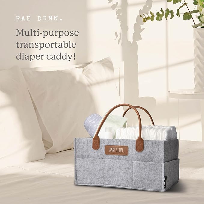 Rae Dunn Baby Diaper Caddy Organizer, Nursery Storage for Changing Table and Car, Portable Basket for Items, Shower Gifts, Grey Felt With Leather Handles, Small